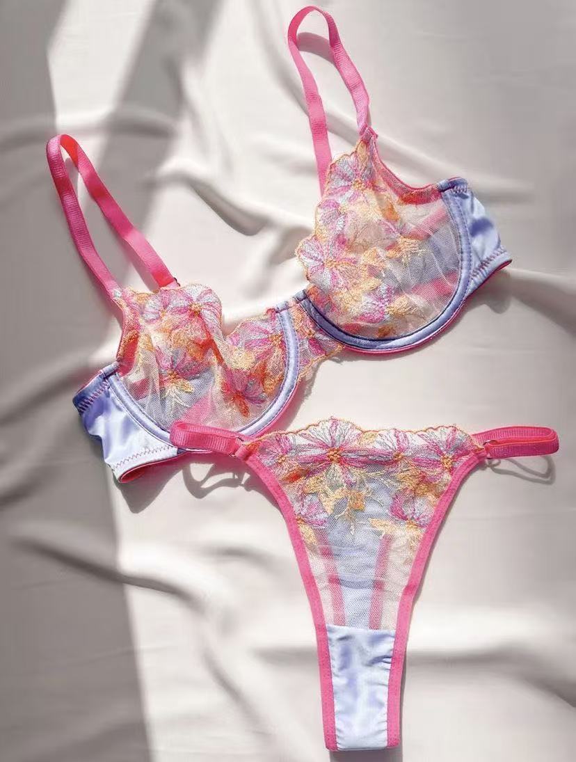 Lilac and pink sheer lingerie set with pastel floral embroidery