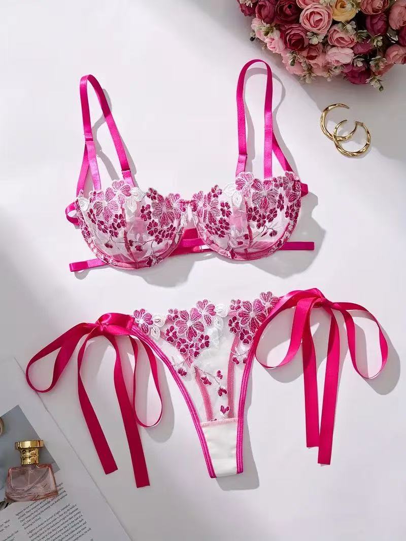 Fuchsia and white embroidered sheer set with satin ribbon ties