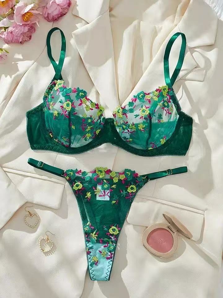 Emerald green sheer balconette set with bright floral embroidery